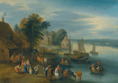 Eine Flusslandschaft mit Dorfbewohnern, die ihre Boote entladen von Theobald Michau